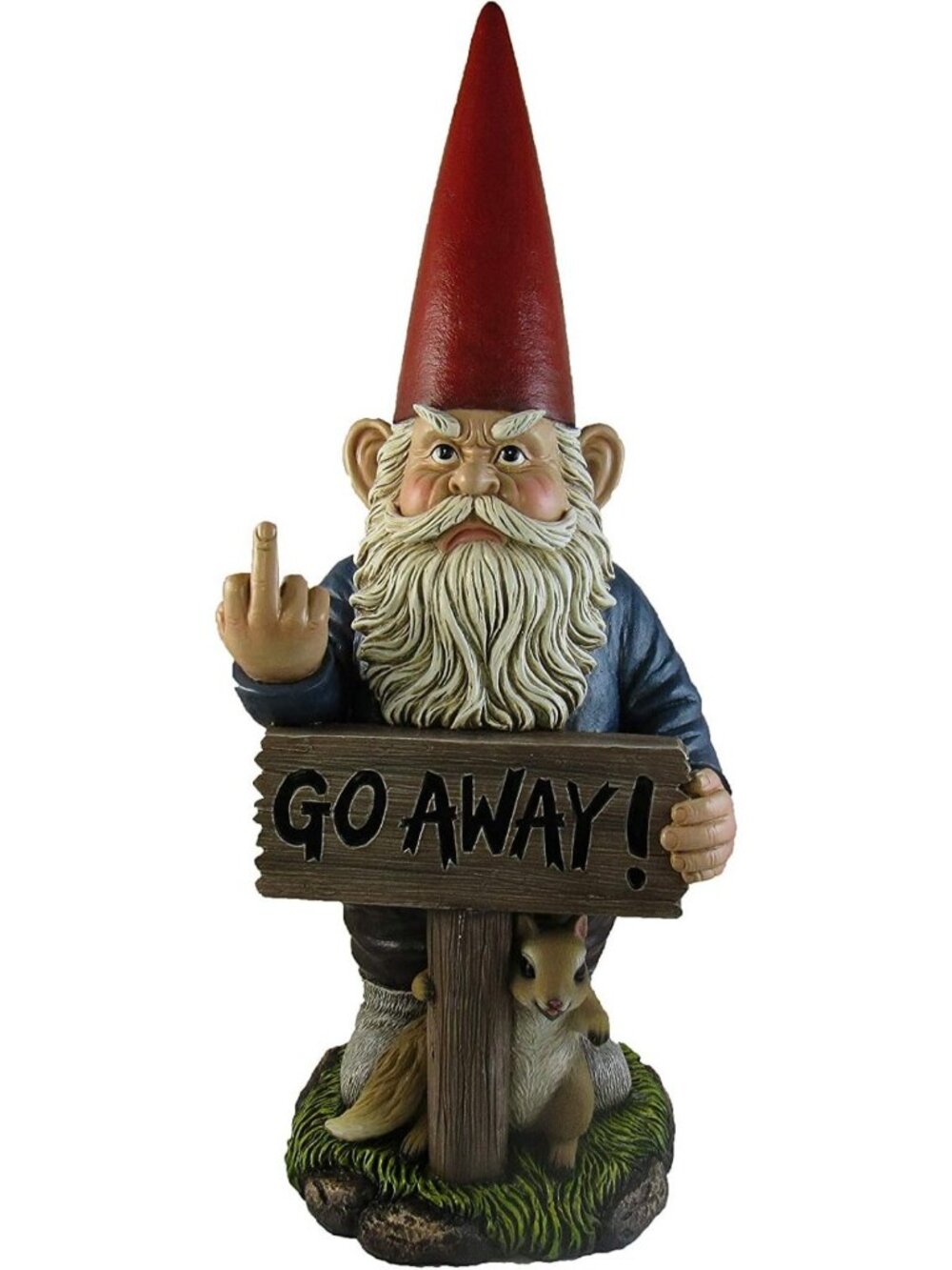Whimsical Garden Gnome Statue 17.5" with Go Away Sign & One-Finger Salute Decor